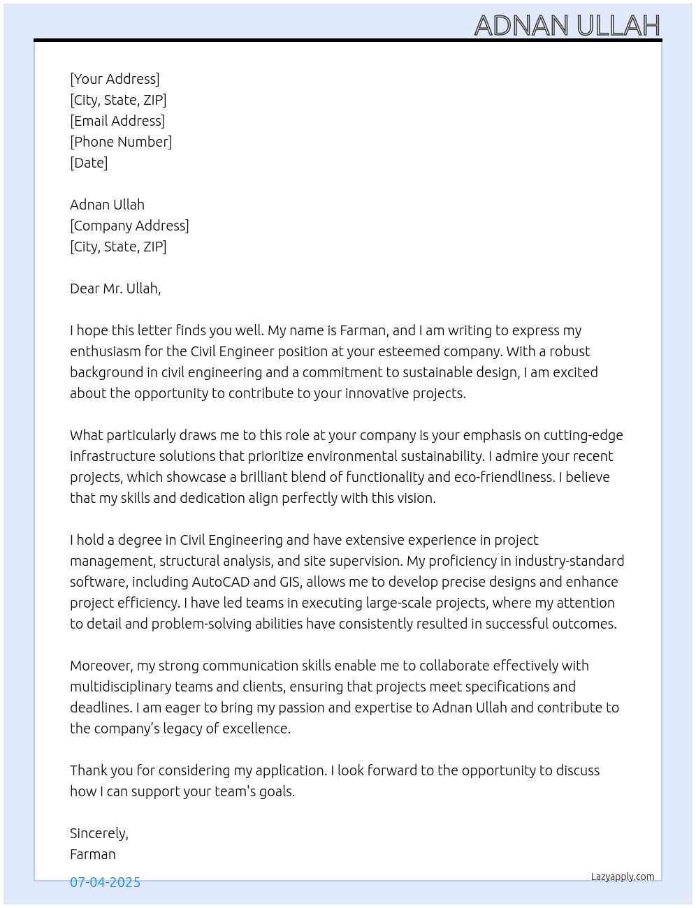 Civil engineer At Adnan Ullah Cover Letter