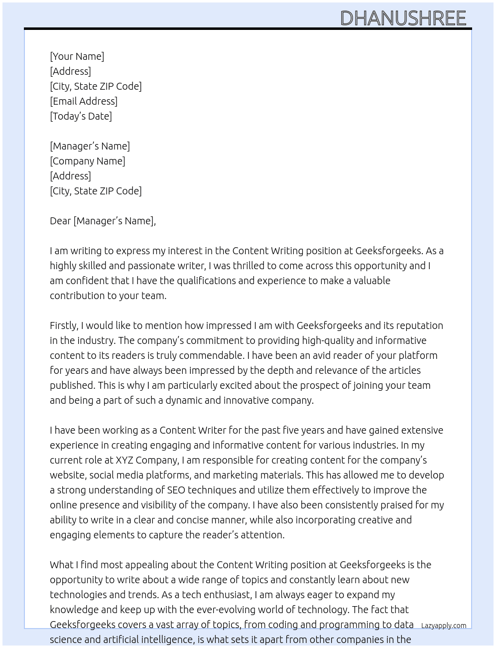 Content  writing At Geeksforgeeks Cover Letter