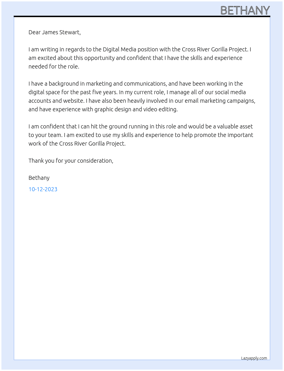 Digital Media At the Cross River Gorilla Project Cover Letter
