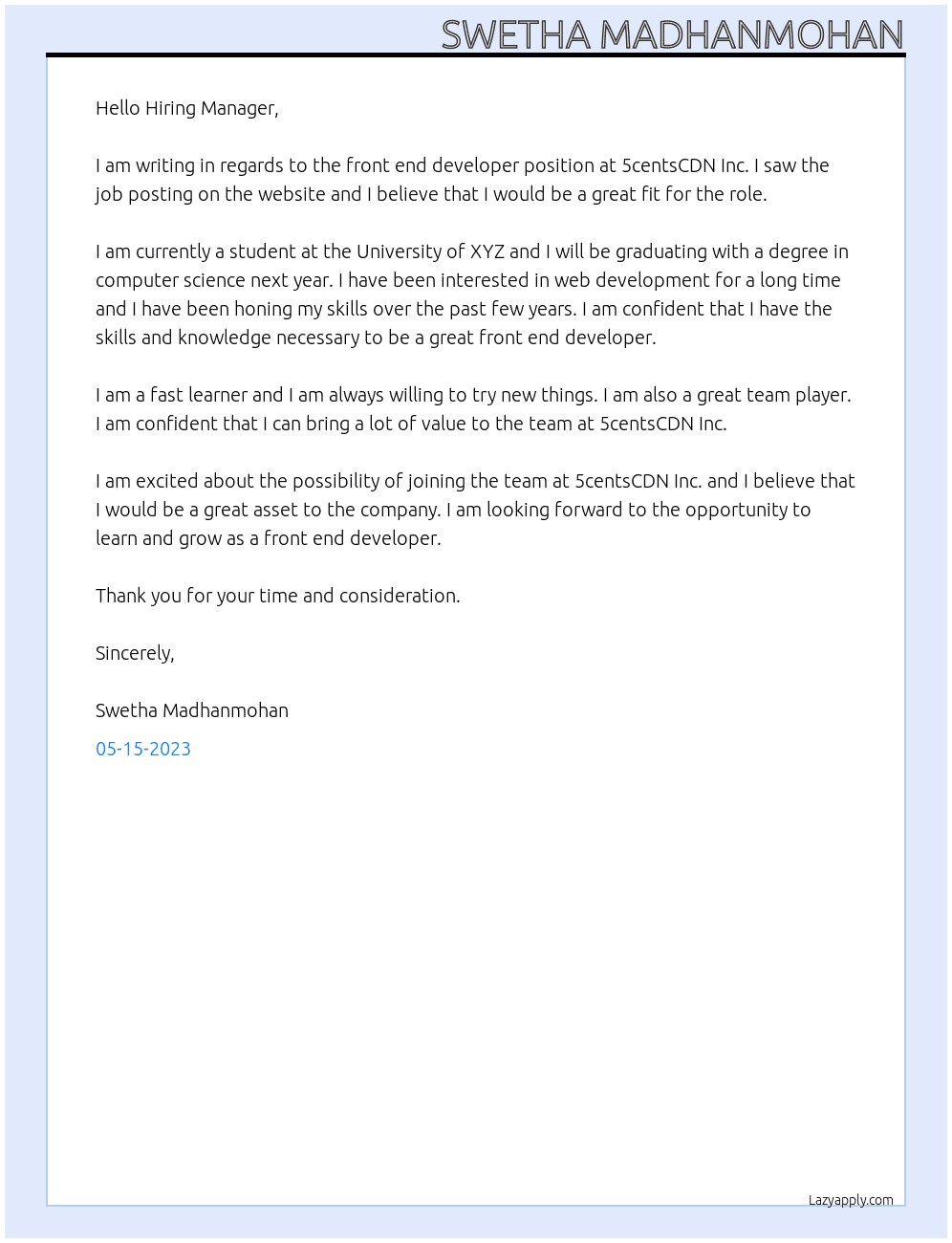 front end developer At 5centsCDN Inc. Cover Letter