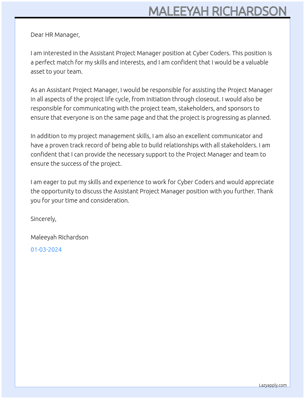 Assistant Project Manager  At Cyber Coders Cover Letter