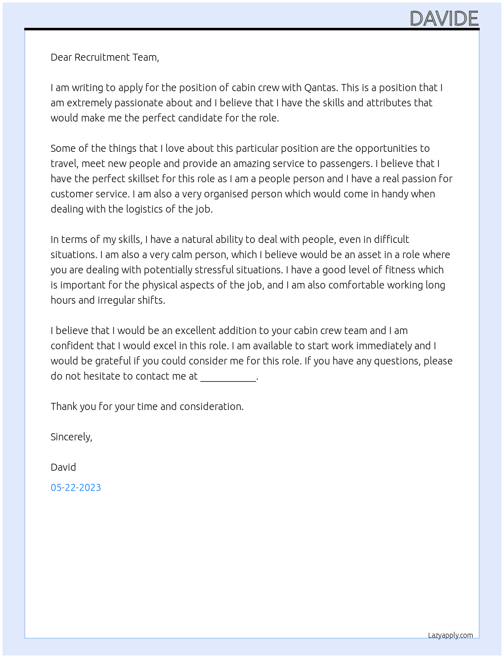 CABIN CREW At QANTAS Cover Letter