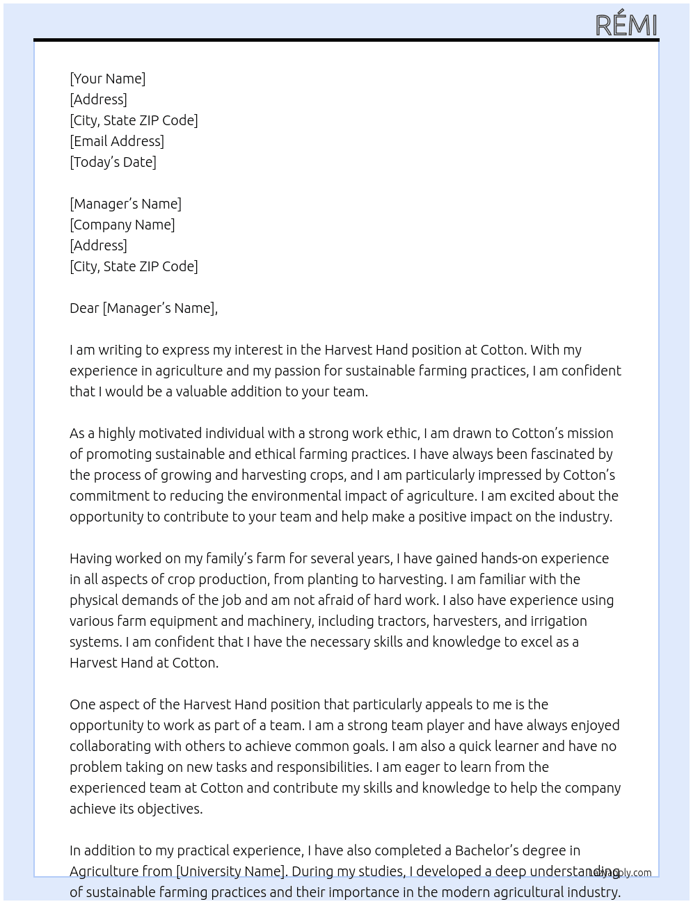 Harvest hand  At cotton Cover Letter