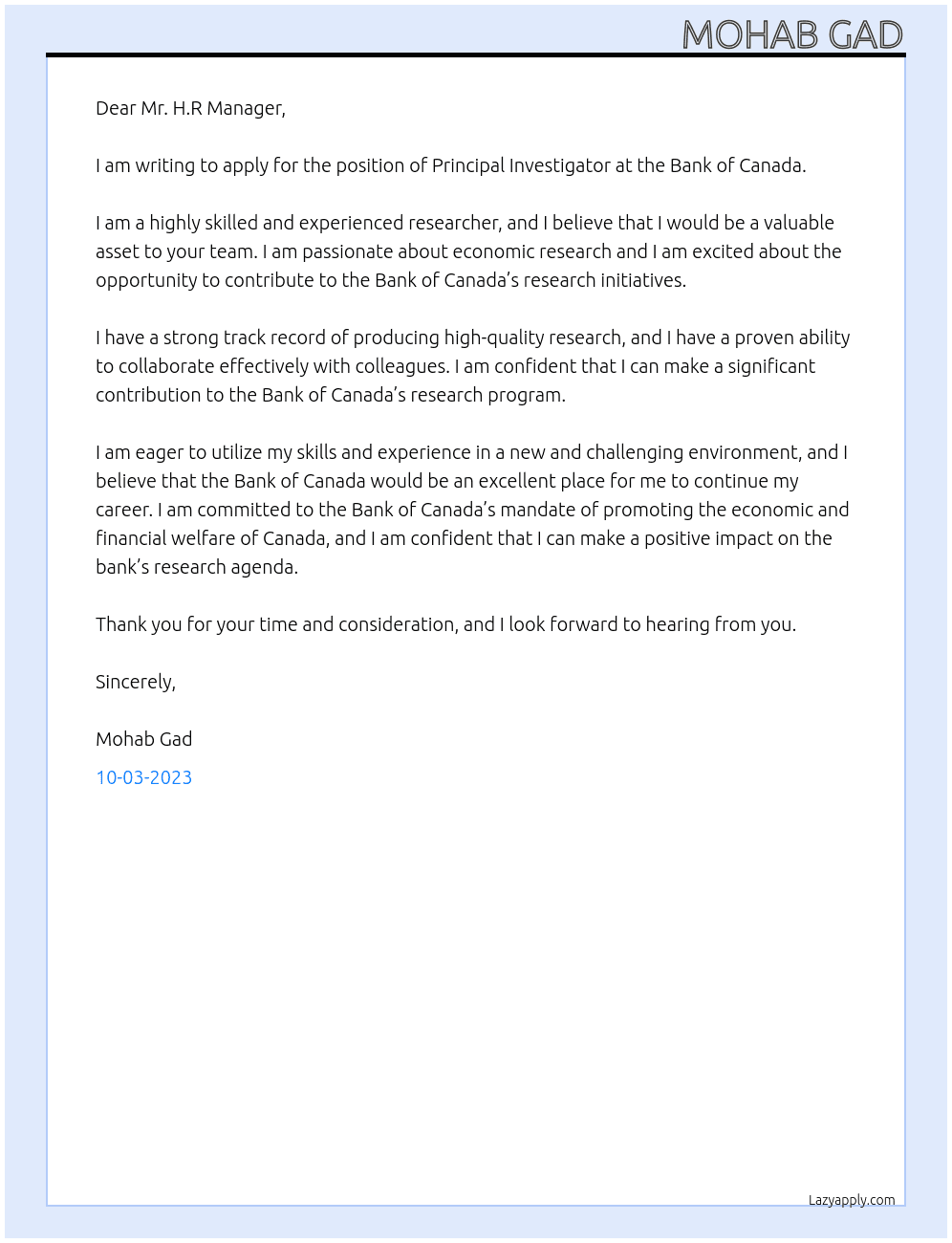Principal Investigator At Bank of Canada  Cover Letter