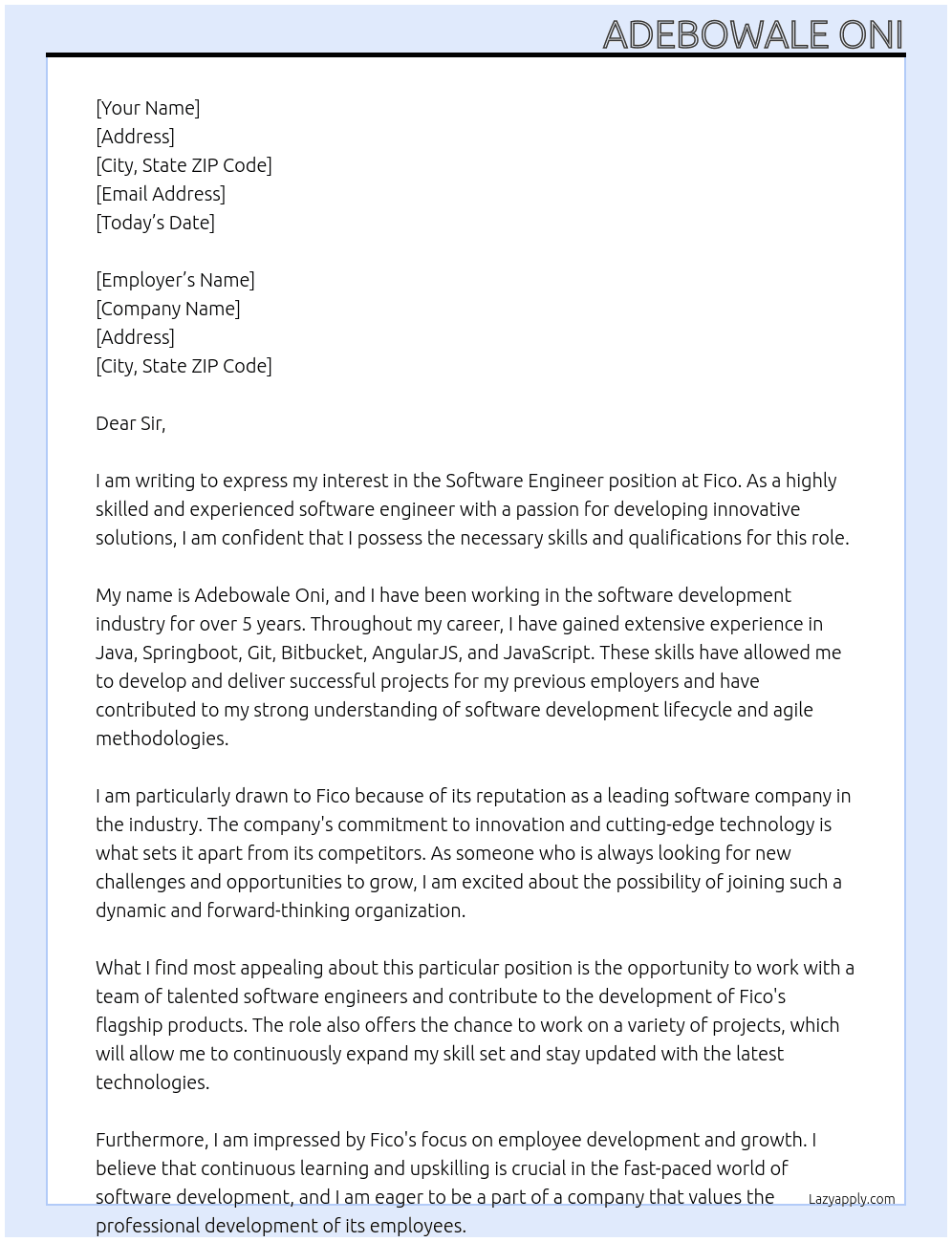 Software Engineer At fico Cover Letter