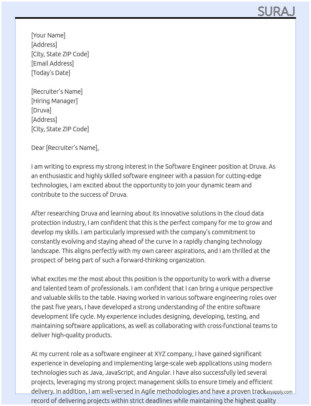 Software engineer At Druva Cover Letter