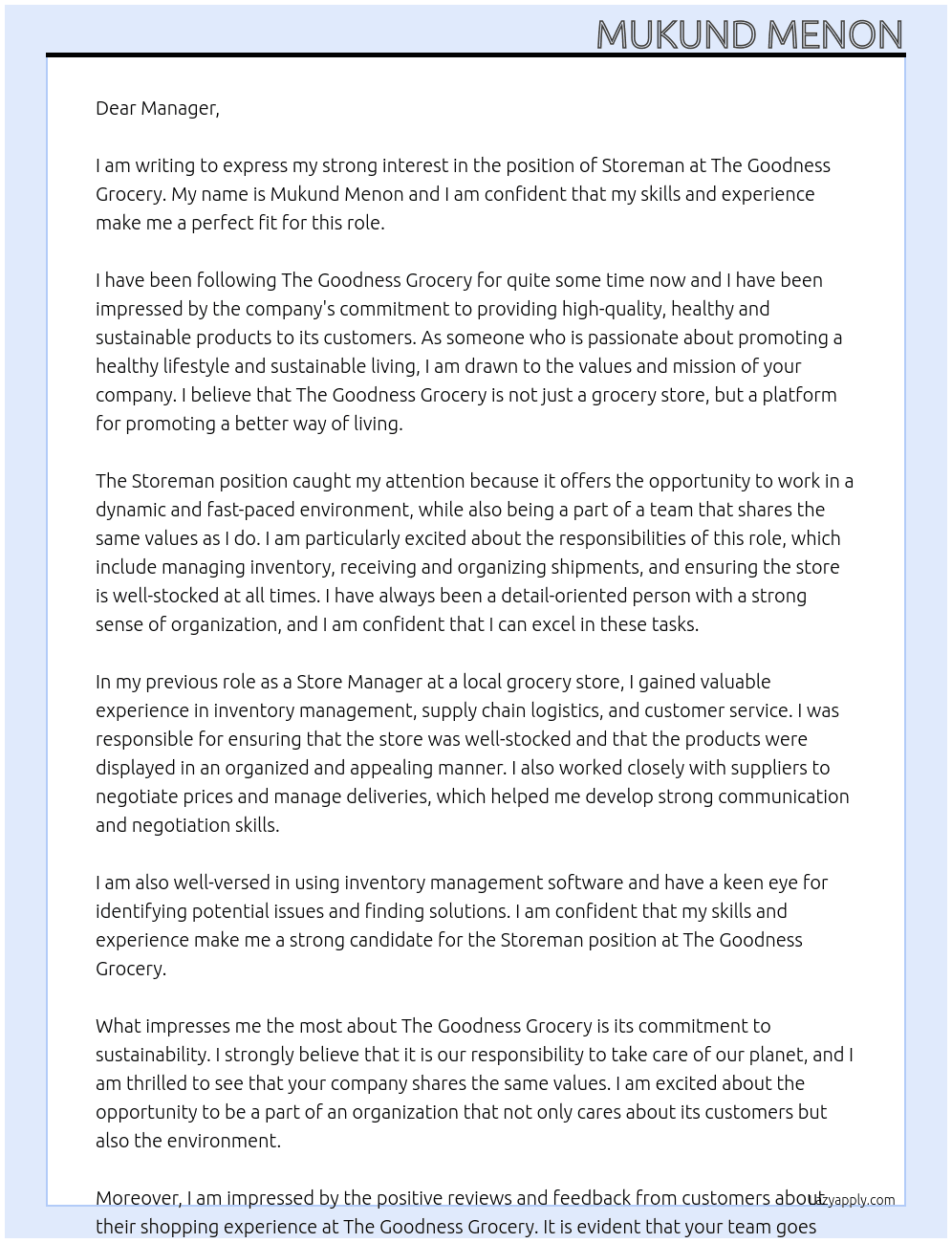 Storeman At The Goodness Grocery Cover Letter
