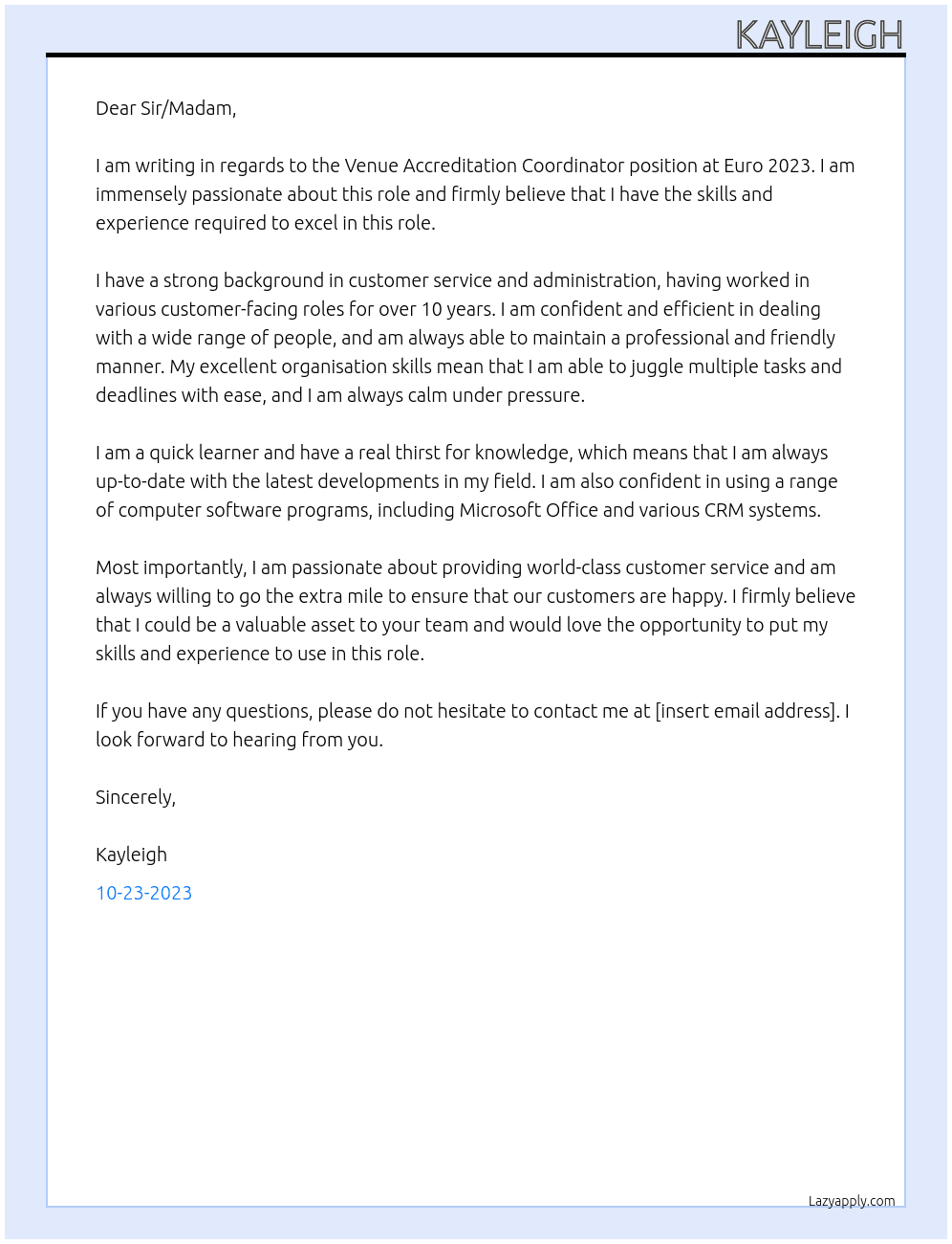 Venue Accreditation Coordinator At Euro 2023 Cover Letter
