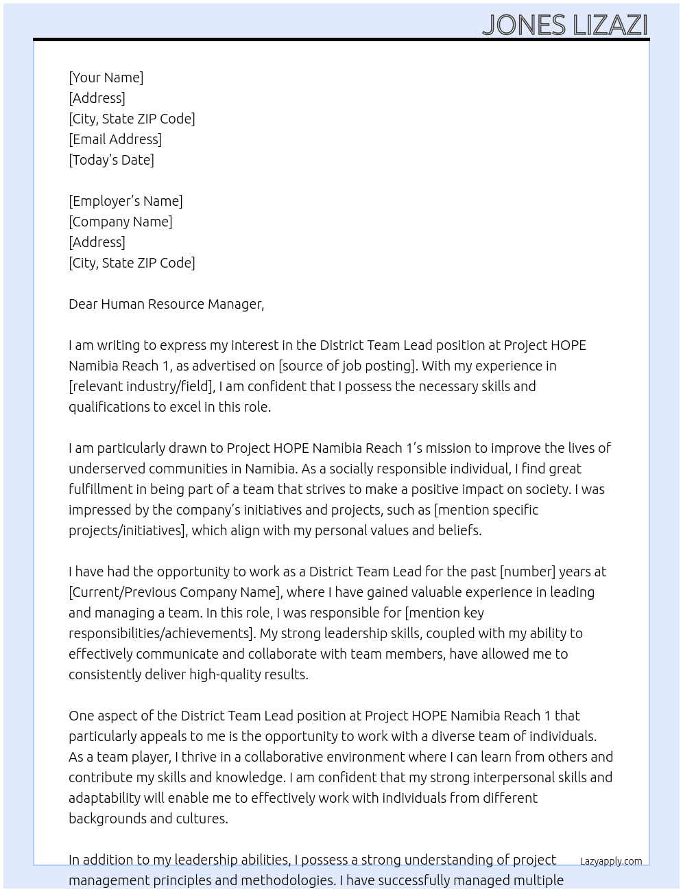 District Team Lead At Project HOPE Namibia Reach 1 Cover Letter