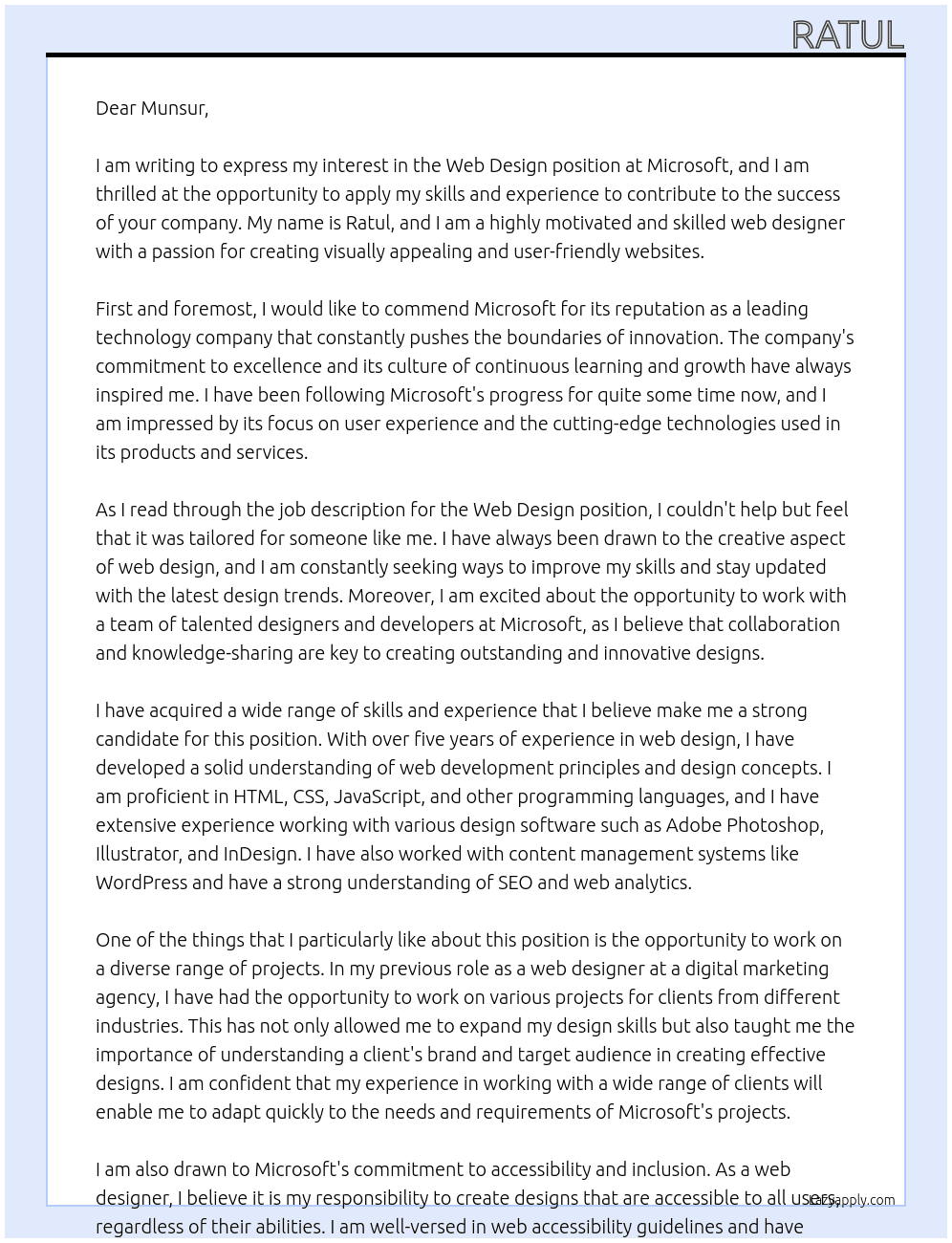Web design  At Microsoft  Cover Letter