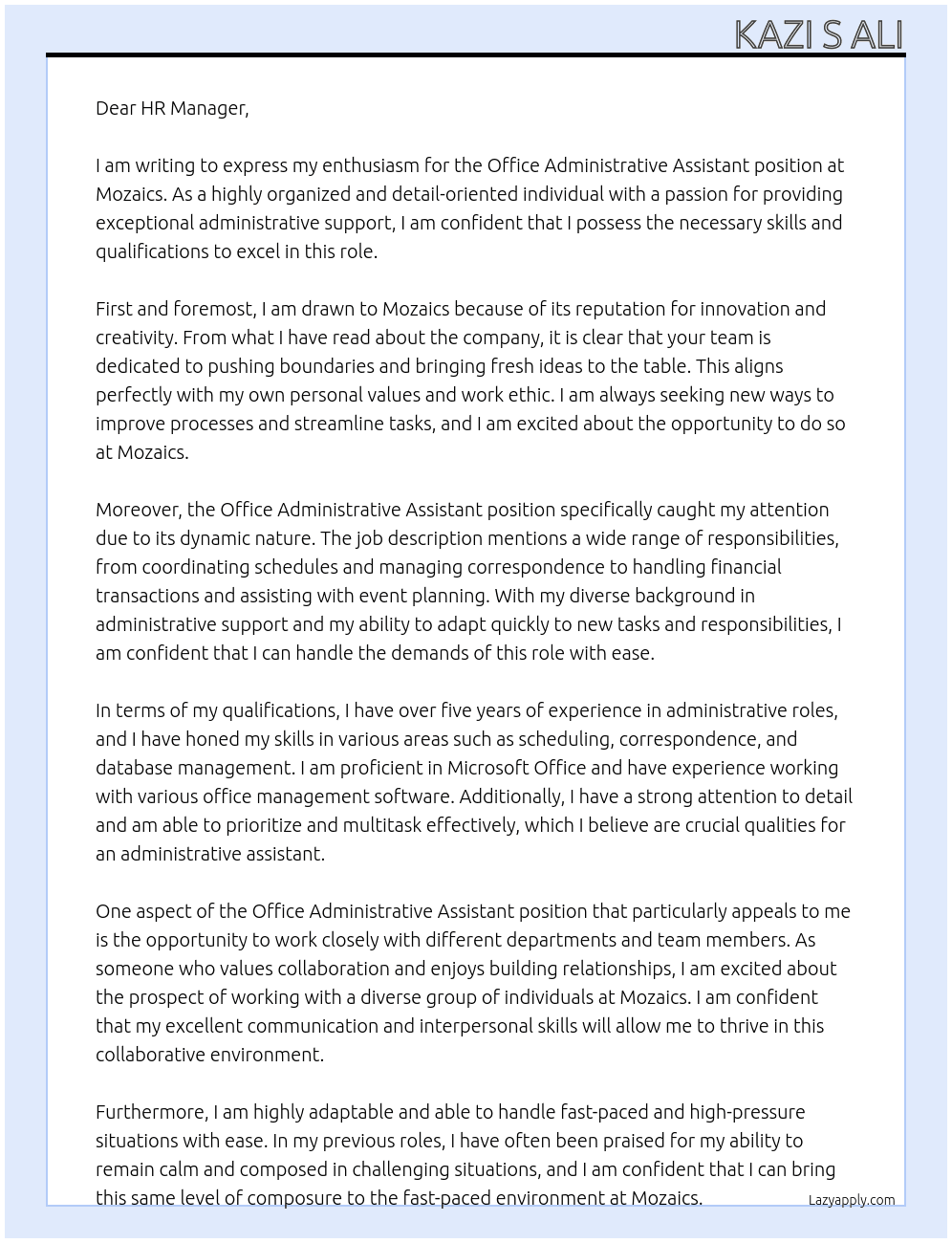 office administrative assistant At Mozaics Cover Letter