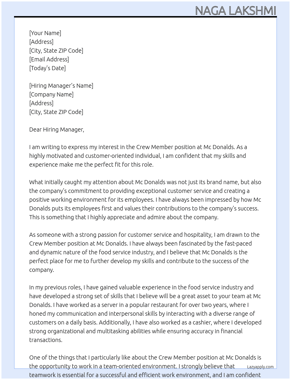Crew Memeber At Mc Donalds Cover Letter