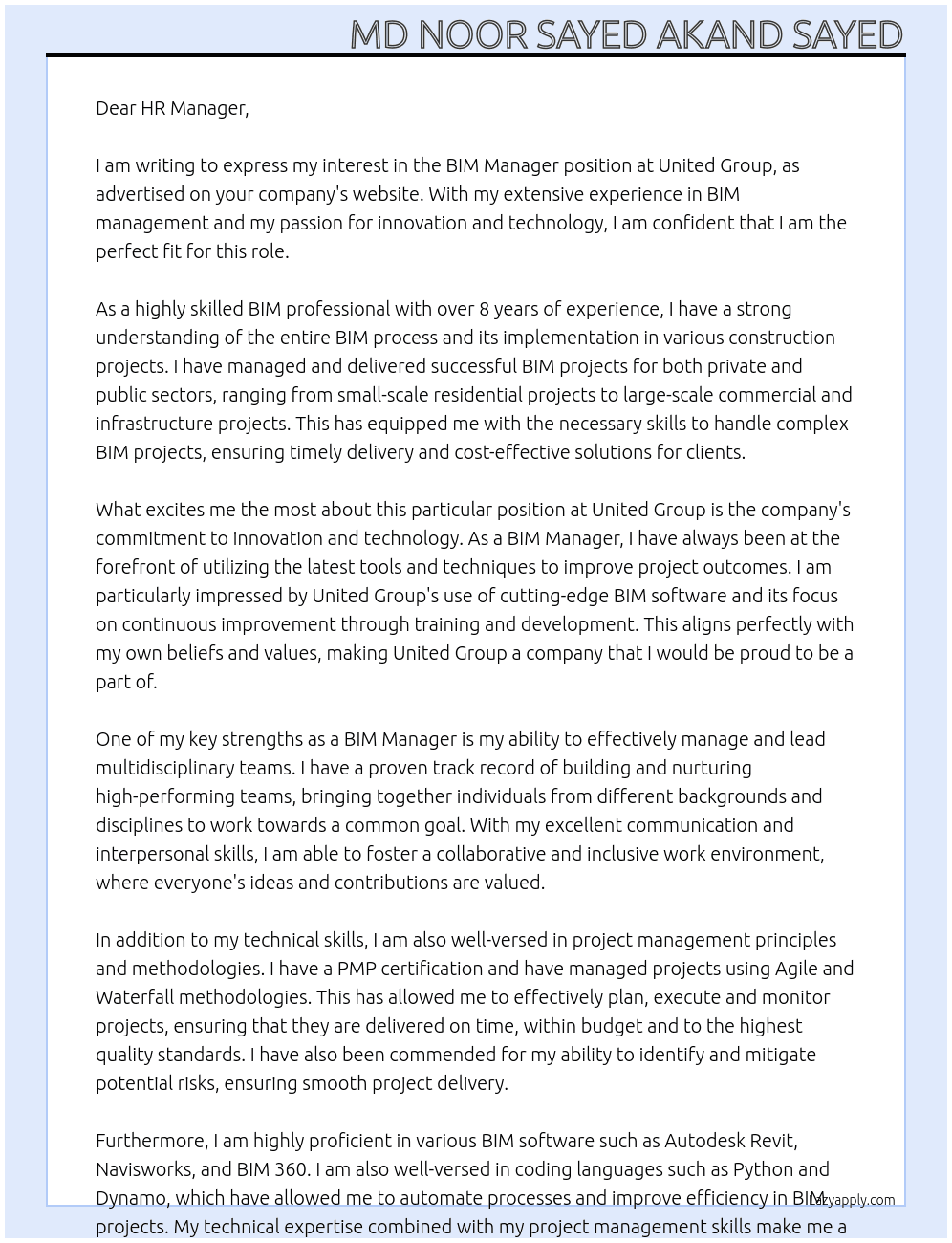 BIM MANAGER At United Group Cover Letter