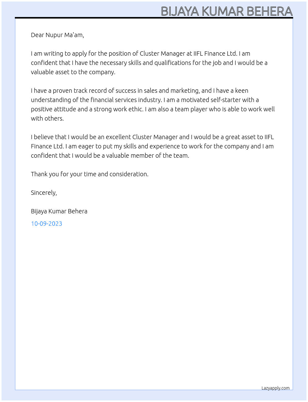 Cluster Manager(Door To Door) At IIFL Finance Ltd  Cover Letter