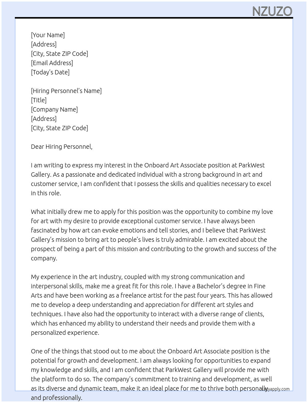 Onboard art associate At ParkWest Gallery Cover Letter