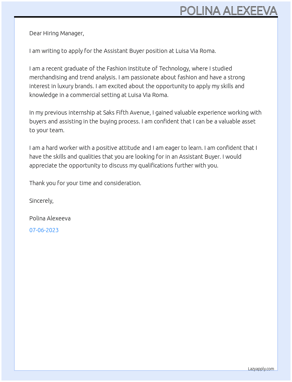 Assistant Buyer At Luisa Via Roma Cover Letter