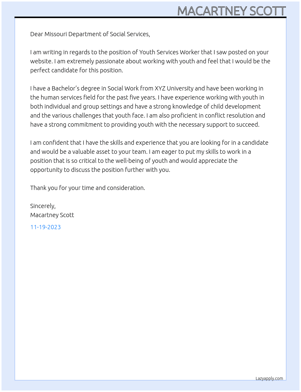 Youth Services Worker At Missouri Department of Social Services Cover Letter