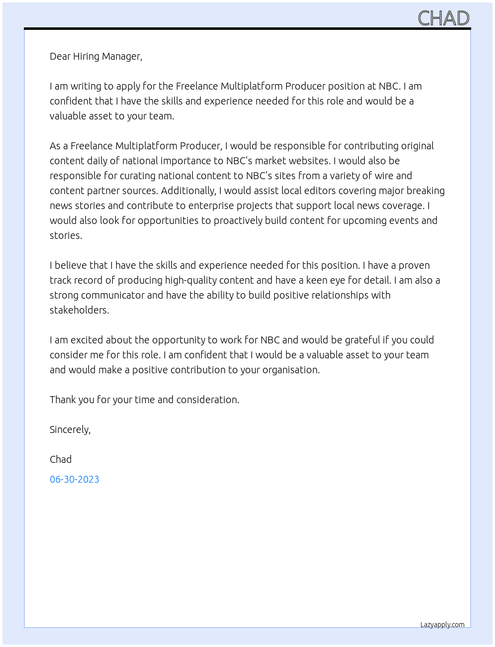 Freelance Multiplatform Producer At NBC Cover Letter