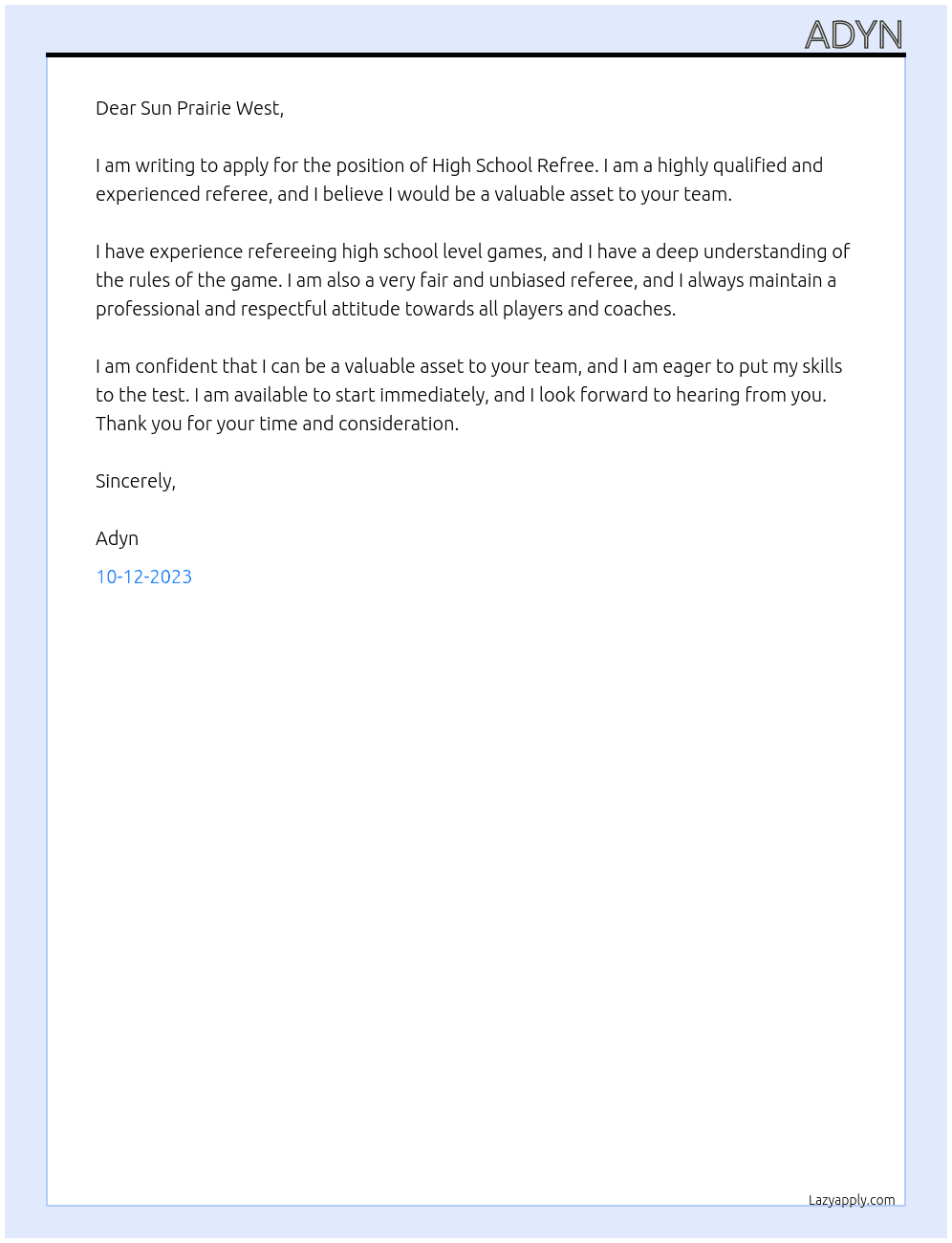 High School Refree At Sun Prairie West Cover Letter