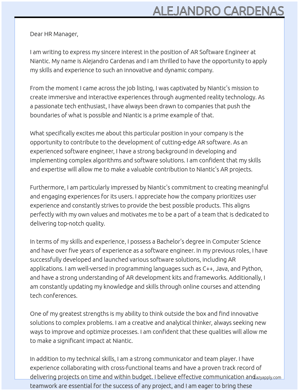 AR software engineer At Niantic Cover Letter
