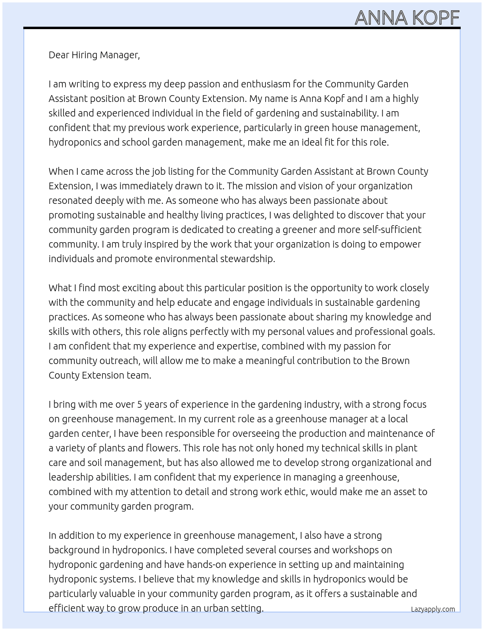 Community Garden Assistant At Brown County Extention Cover Letter