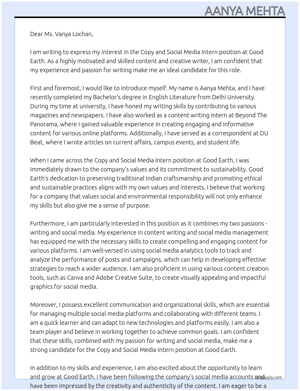 copy and social media intern At Good Earth Cover Letter