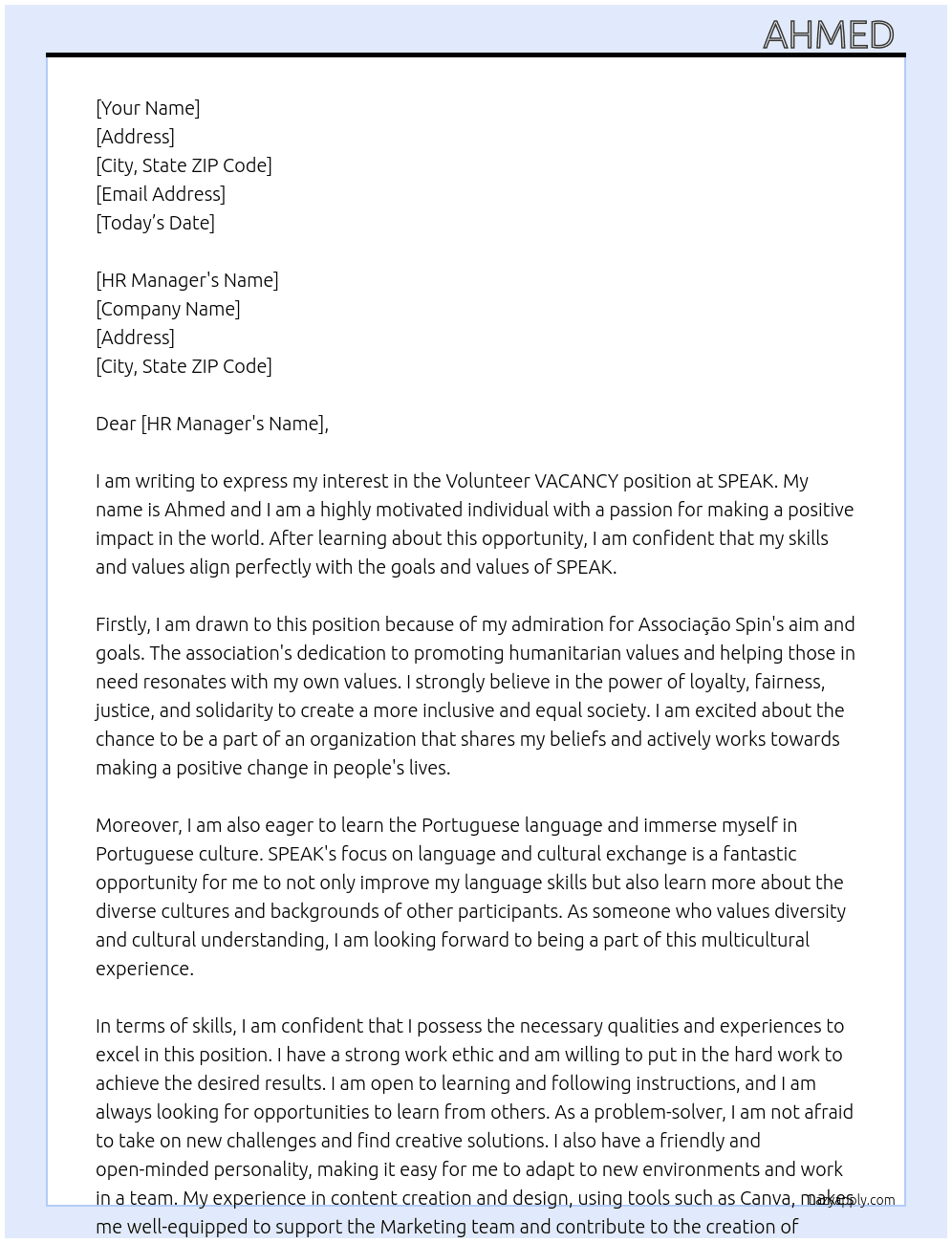 Cover letter for volunteer vacancy - LazyApply