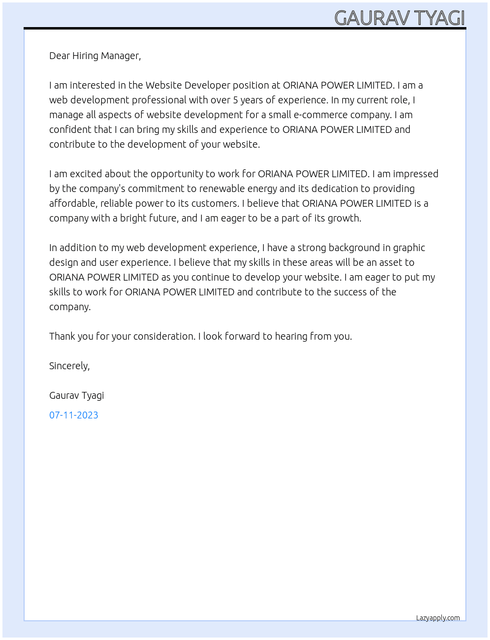 Website developer At  ORIANA POWER LIMITED Cover Letter