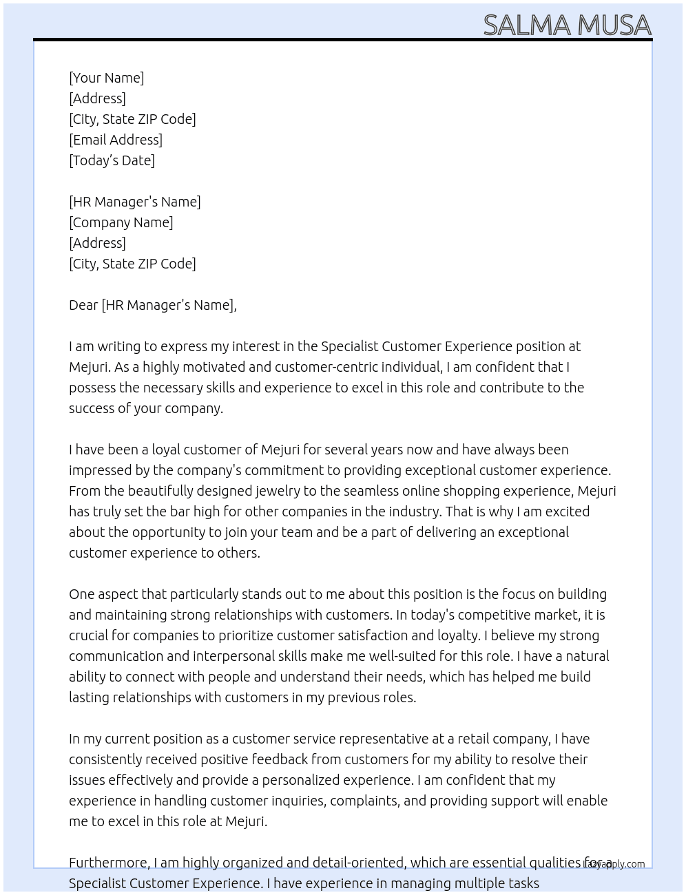 Specialist Customer Experience  At Mejuri Cover Letter