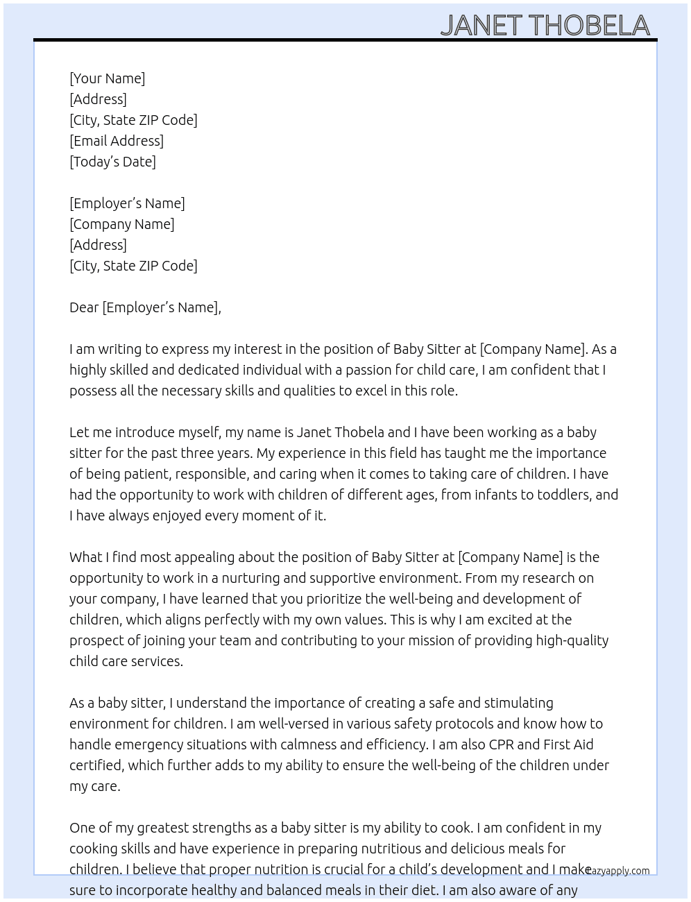 Baby sitter  At Home baby sitter  Cover Letter