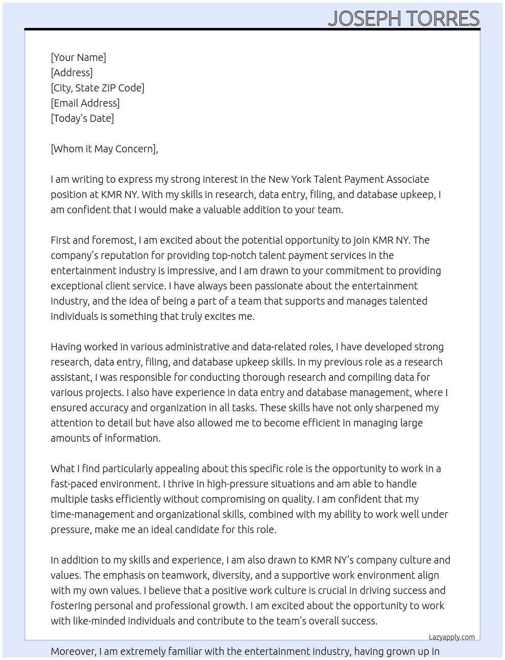 New York Talent Payment Associate At KMR NY Cover Letter