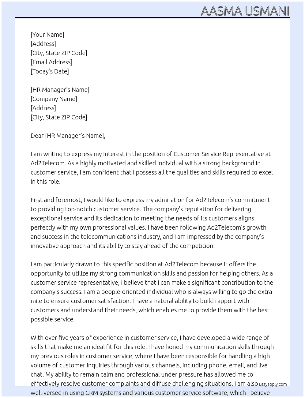 customer service representative At ad2telecom Cover Letter
