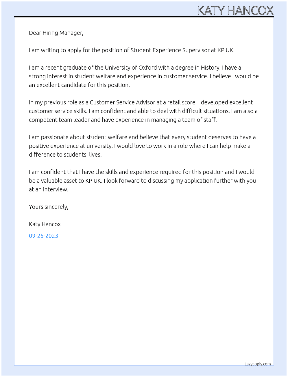 Student Experience Supervisor At KP UK Cover Letter