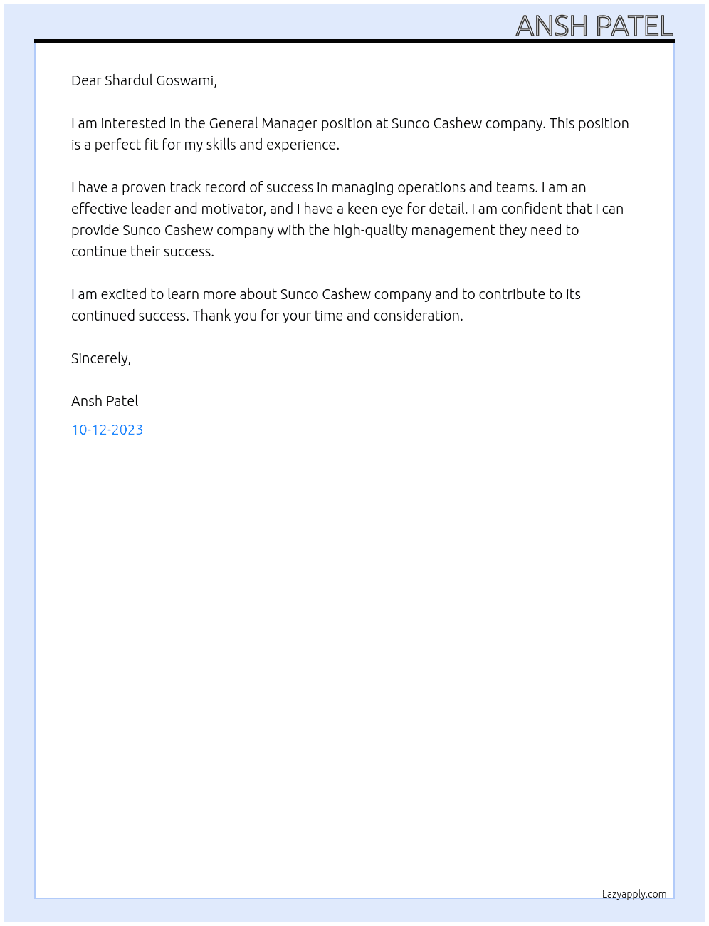 General manager  At Sunco cashew company  Cover Letter