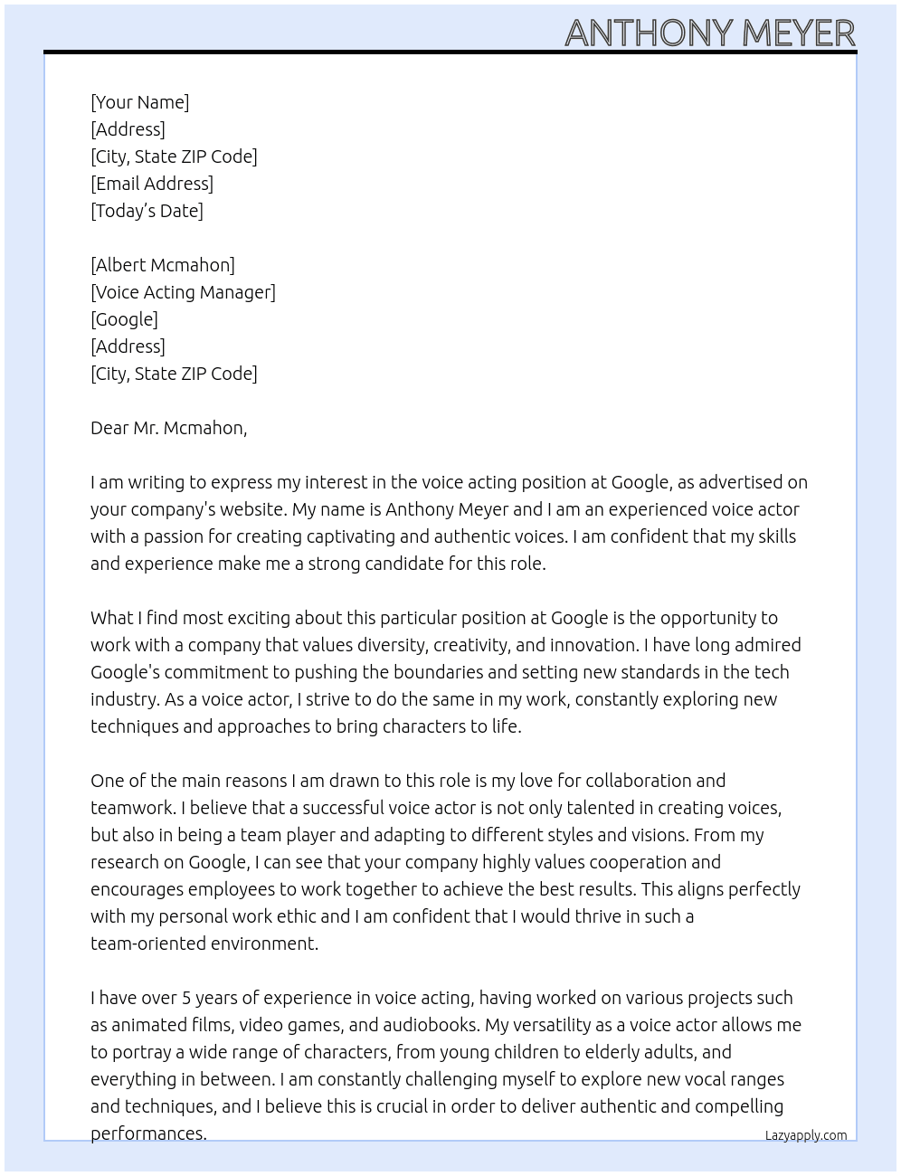 Voice acting  At Google  Cover Letter