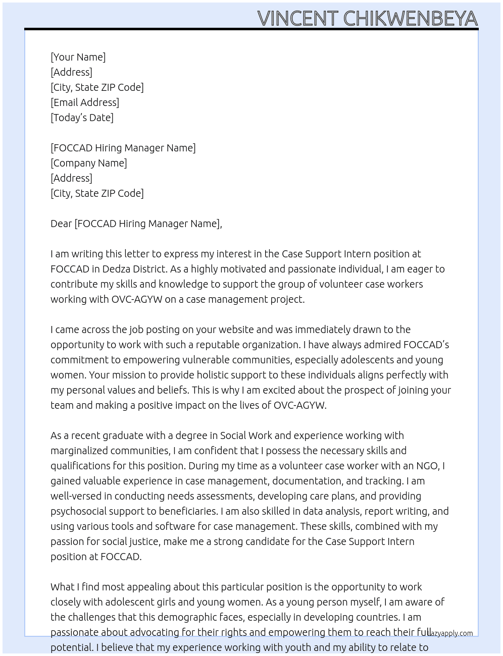 Case Support ICase Support Intern- Dedza Districtntern At FOCCAD Cover Letter