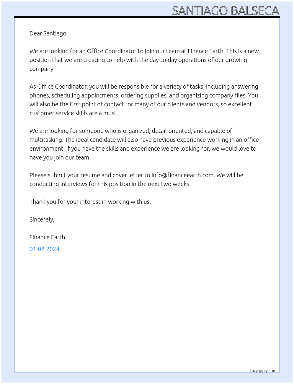 Office Coordinator At Finance earth Cover Letter