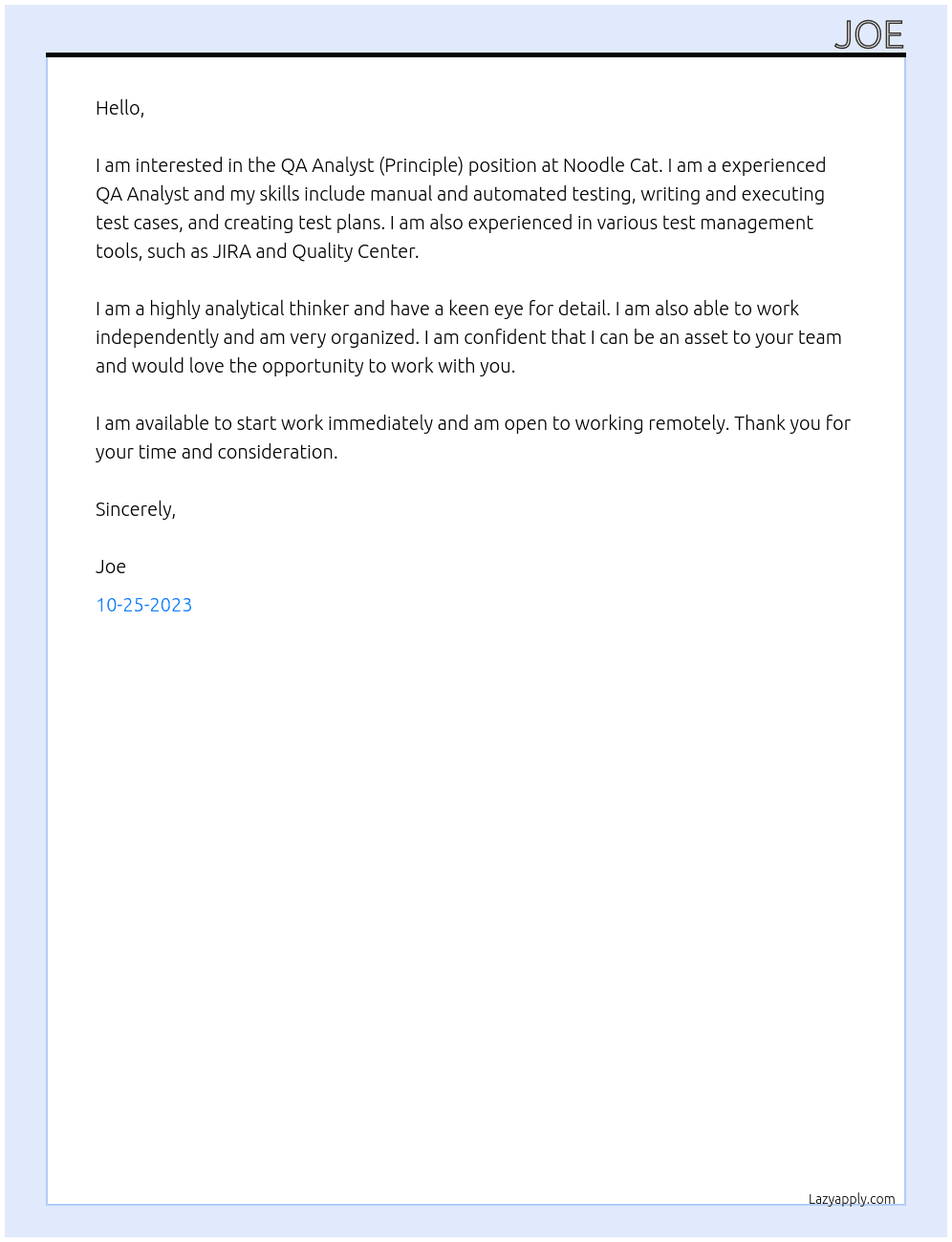 QA Analyst (Principle)  At Noodle Cat Cover Letter