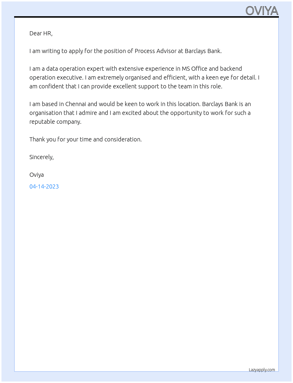 PROCESS ADVISOR  At BARCLAYS BANK  Cover Letter