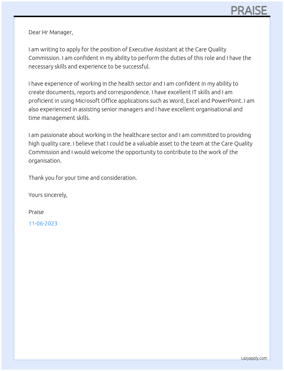 Executive Assistant At Care Quality Commission Cover Letter