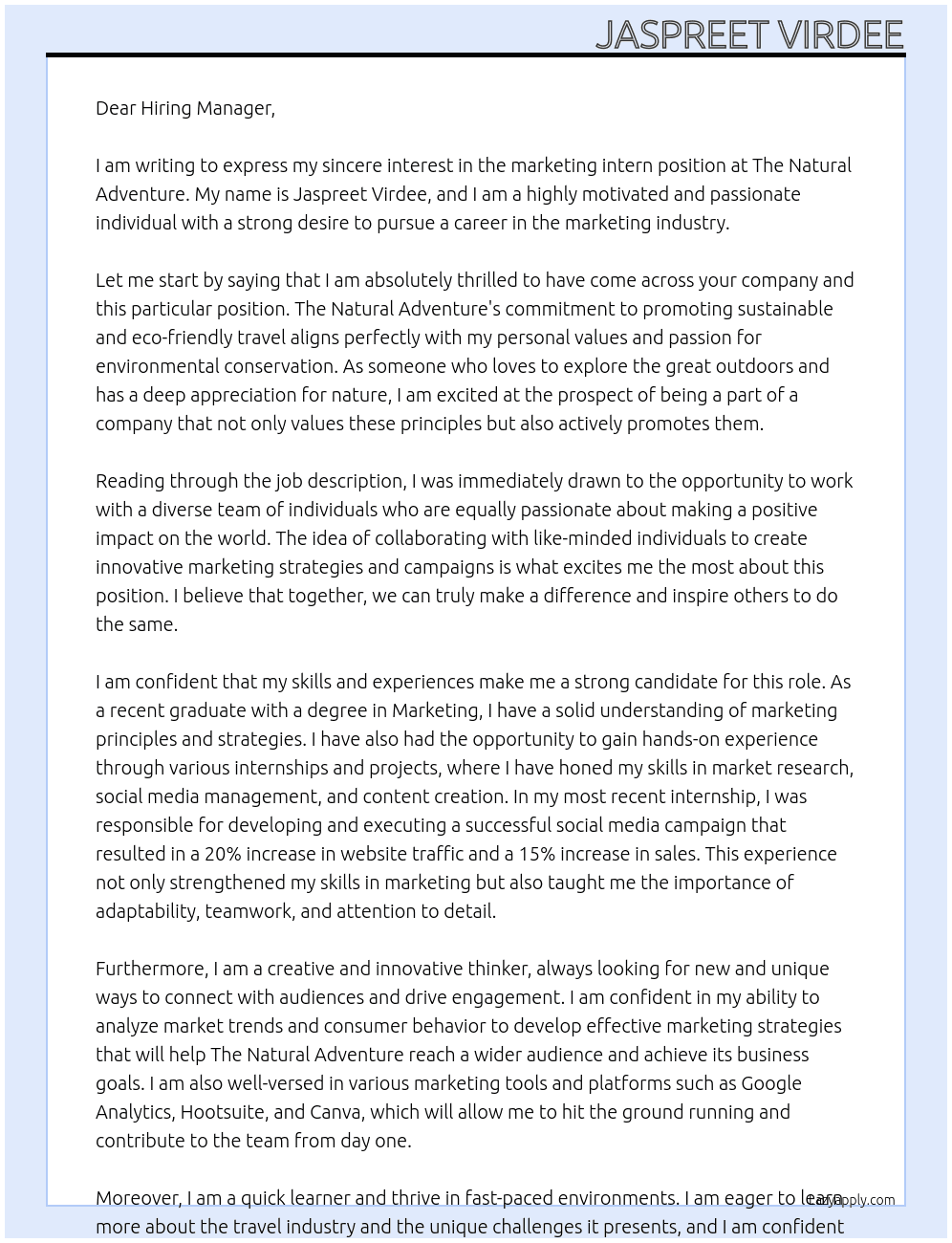 marketing intern At the natural adventure Cover Letter