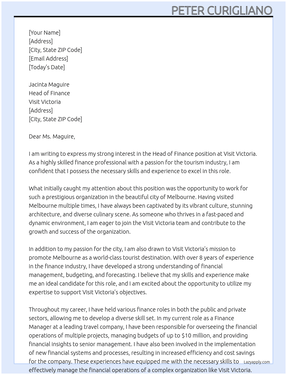 Head of Finance At Visit Victoria Cover Letter