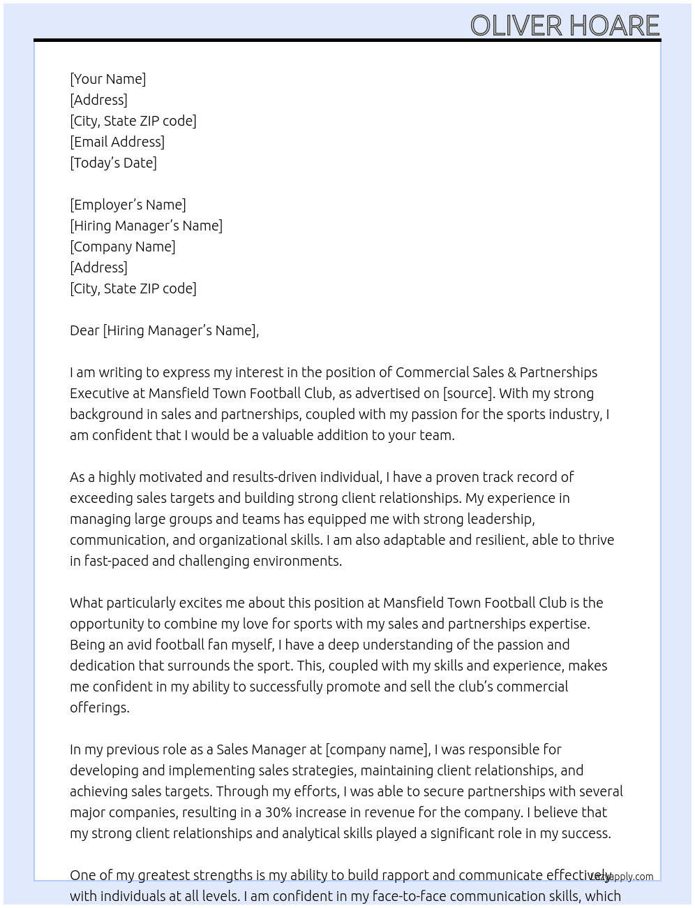 Commercial Sales & Partnerships Executive At Mansfield Town Football Club Cover Letter