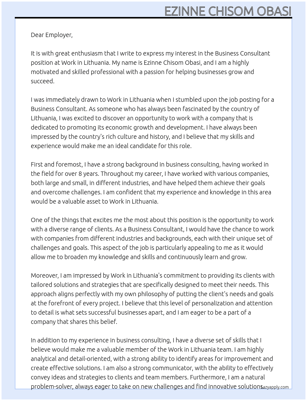 Business Consultant At Work in Lithuania Cover Letter