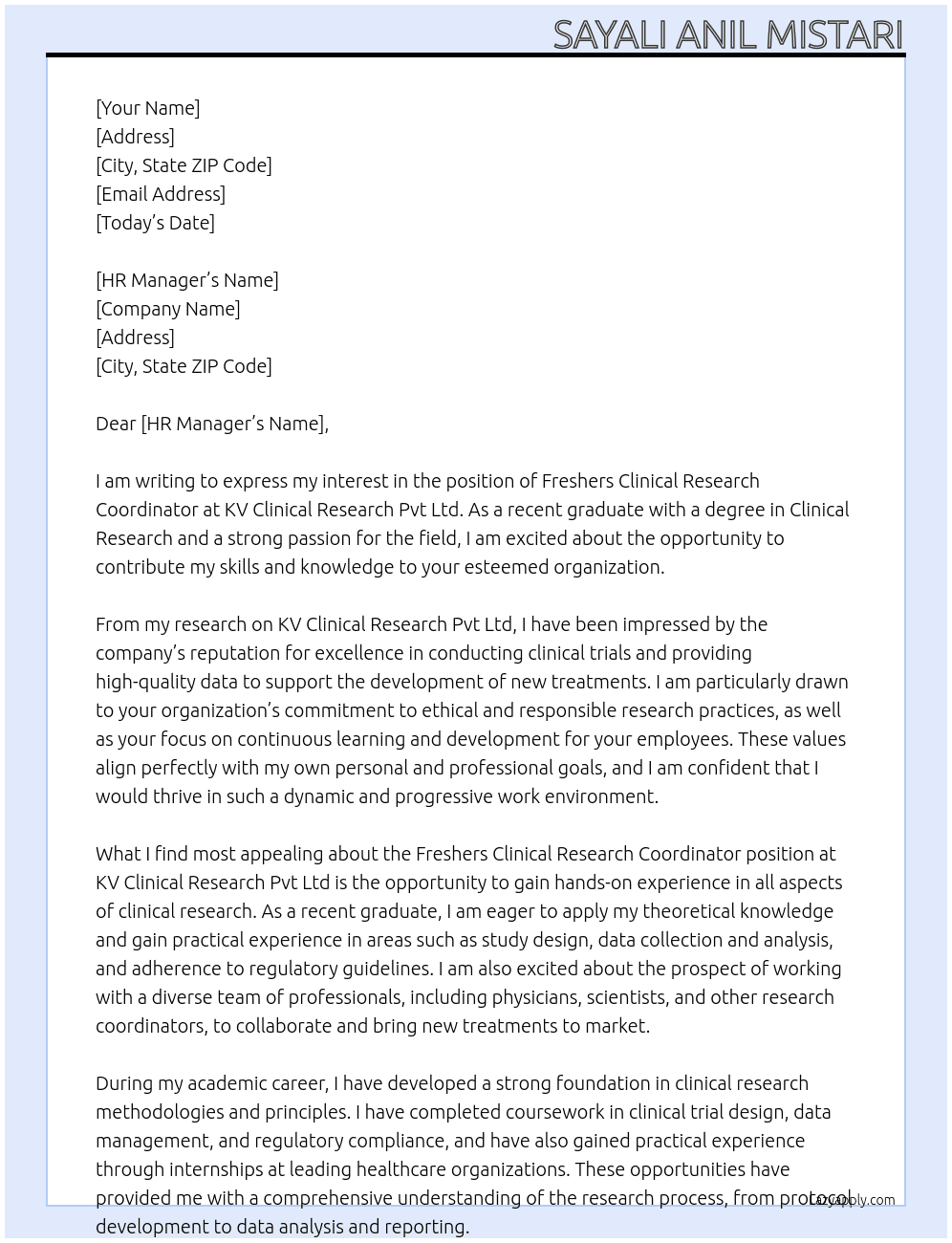 freshers Clinical Research Coordinator At KV Clinical Research Pvt Ltd Cover Letter