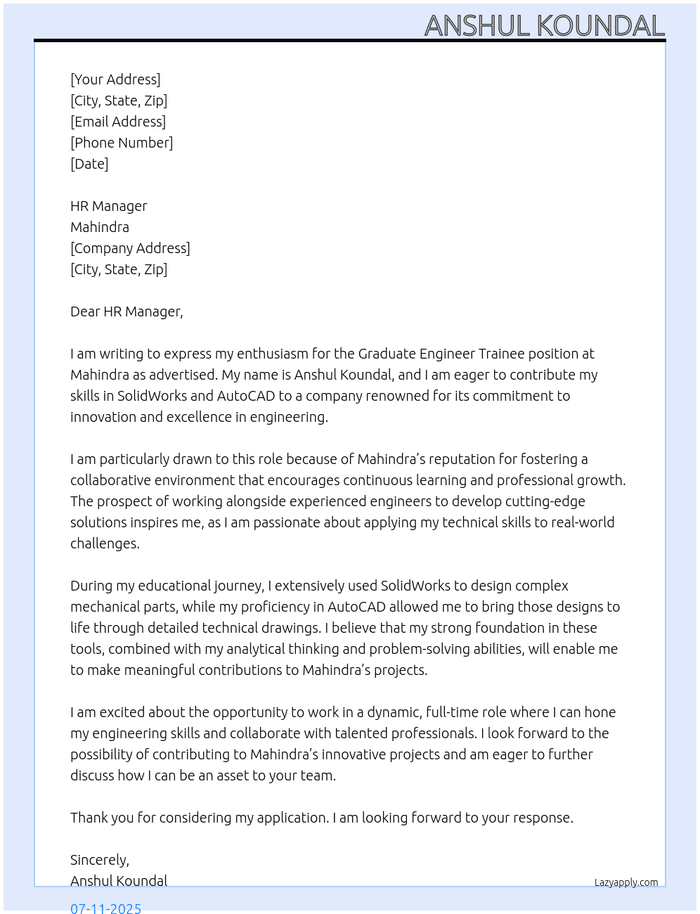 Graduate Engineer Trainee At Mahindra Cover Letter