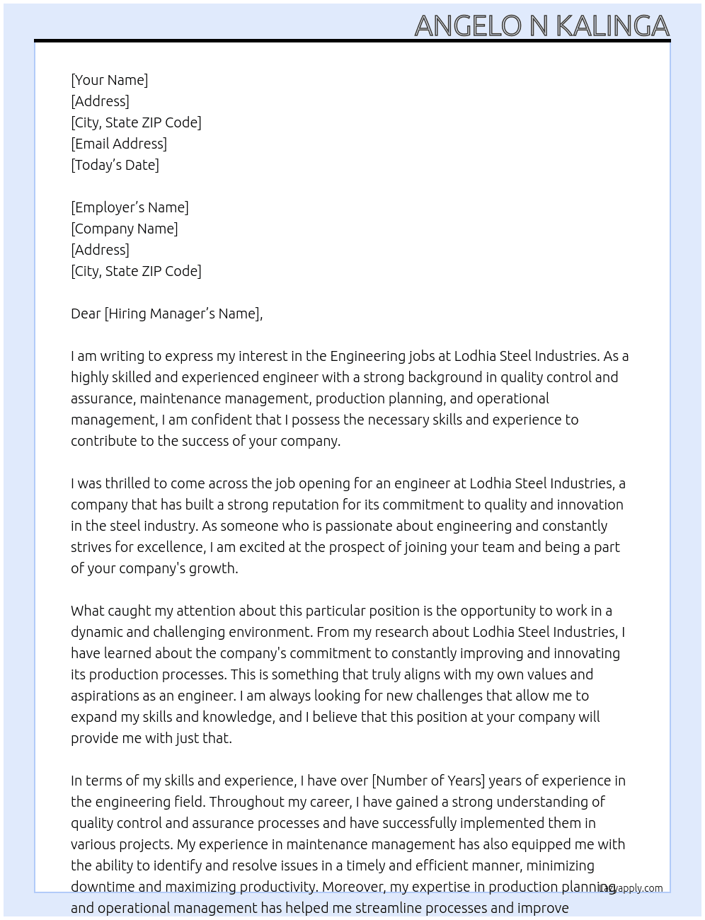 Engineering jobs At Lodhia steel industries  Cover Letter
