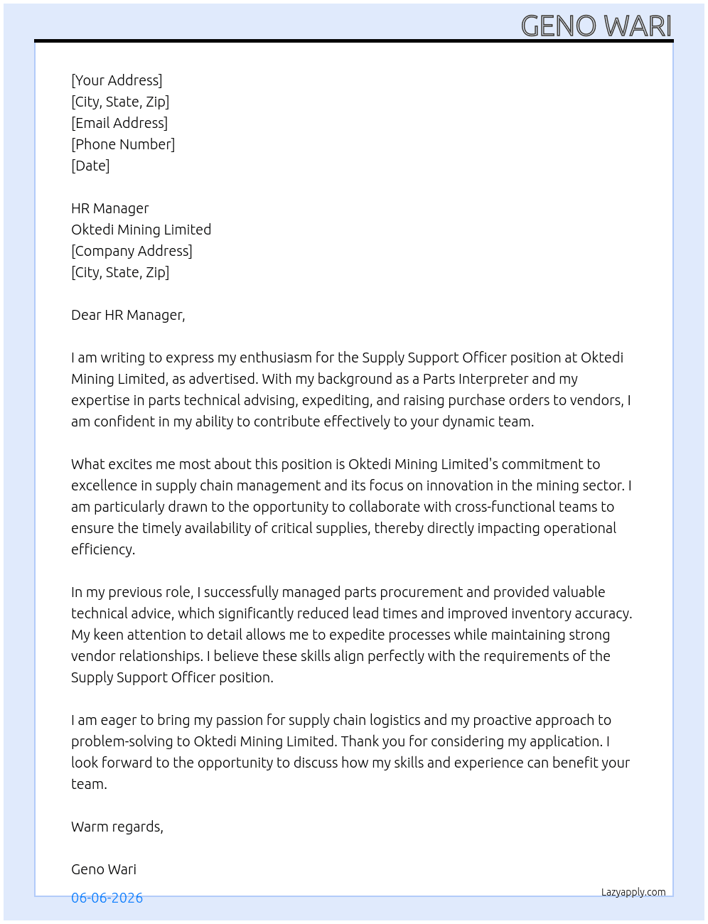 Supply Support Officer At Oktedi Mining Limited Cover Letter
