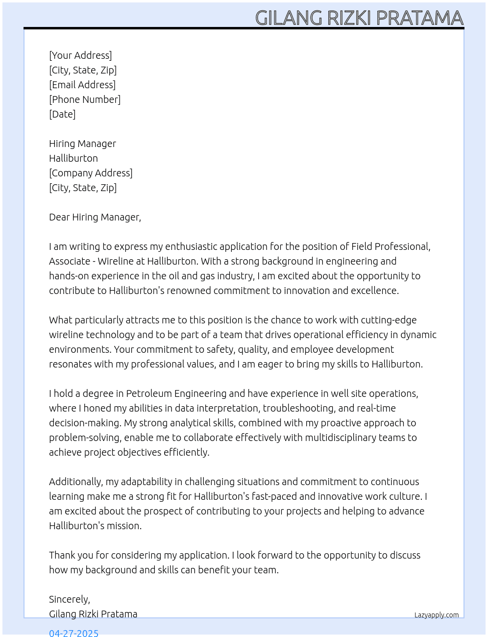 Cover letter for field prof, assoc-wireline - LazyApply