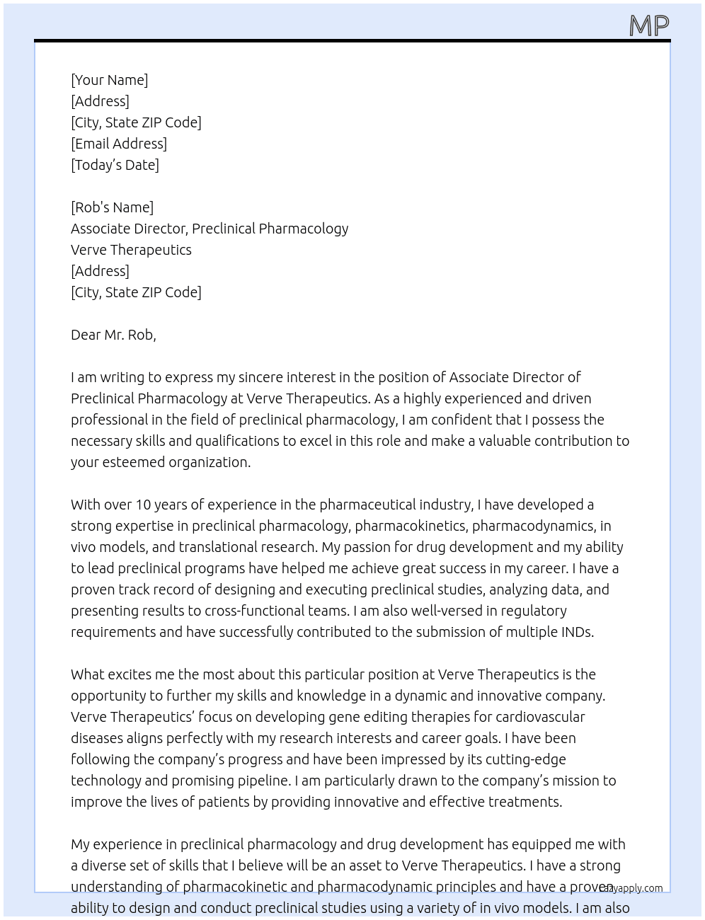 Associate Director, Preclinical Pharmacology At Verve Therapeutics Cover Letter